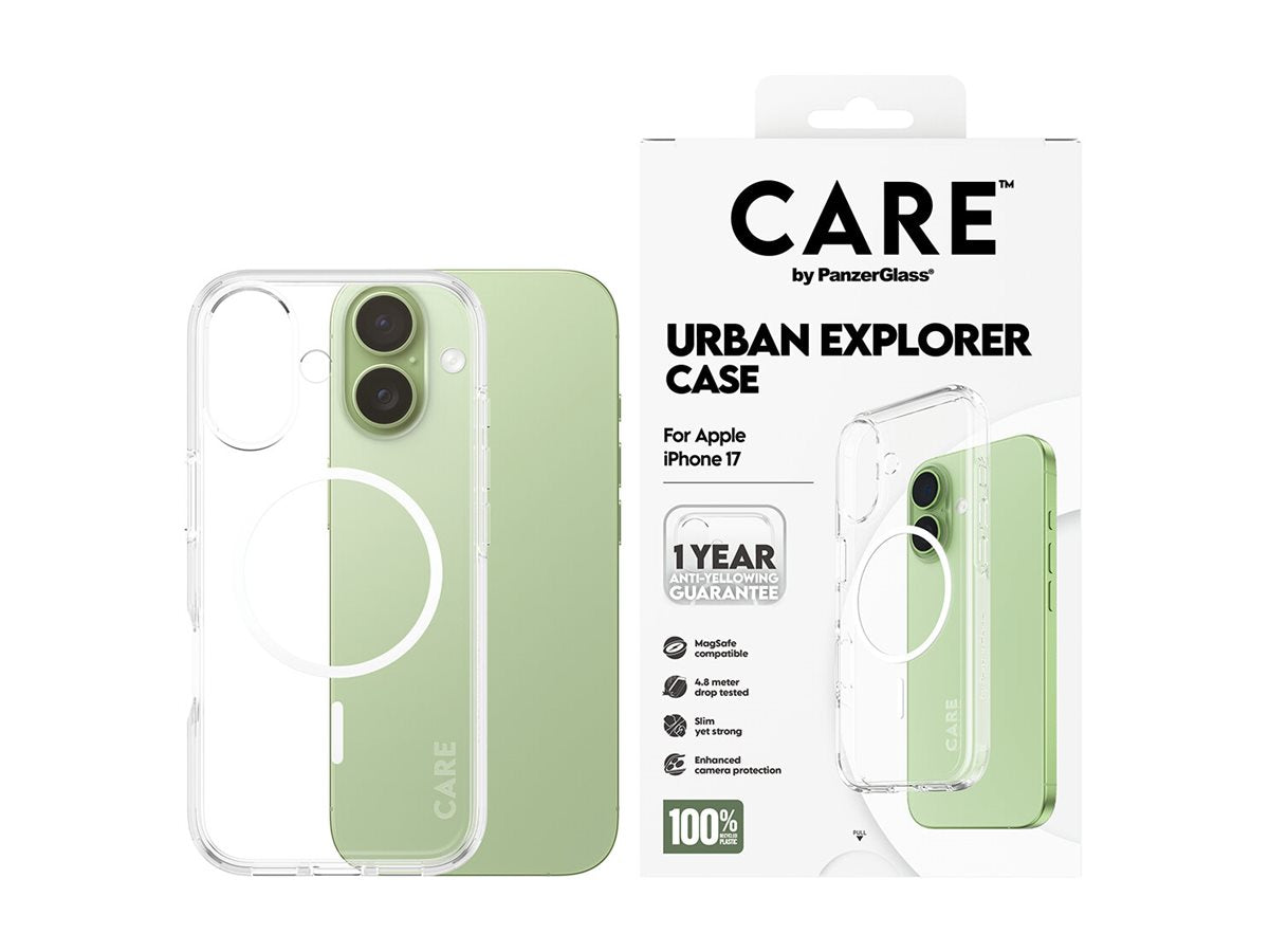 CARE by PanzerGlass� Flagship Case Transparent Urban Explorer w. White MagSafe iPhone 17 — Front