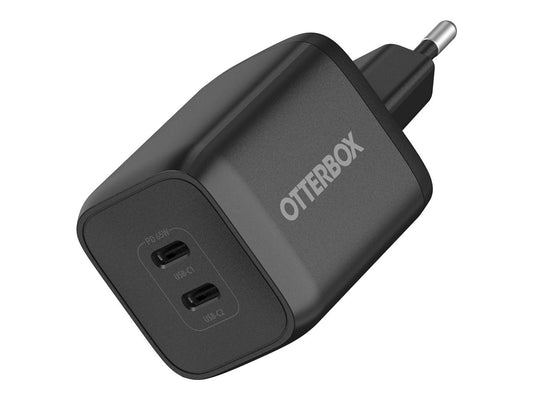 OtterBox Standard - Netspanningsadapter - 65 Watt - 3 A - PD/PPS, Fast Charge - 2 uitgangsaansluitingen (USB-C) - zwart - Europa (behalve GB) — Right-angle